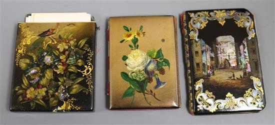 Three Victorian japanned papier mache card cases,